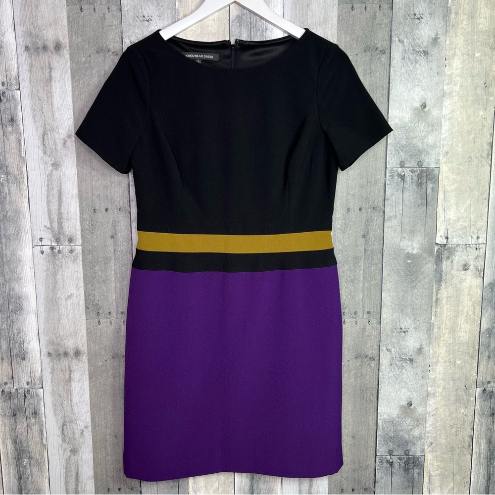 JONES WEAR  Black Purple Gold Color Block Sheath Dress Size 6